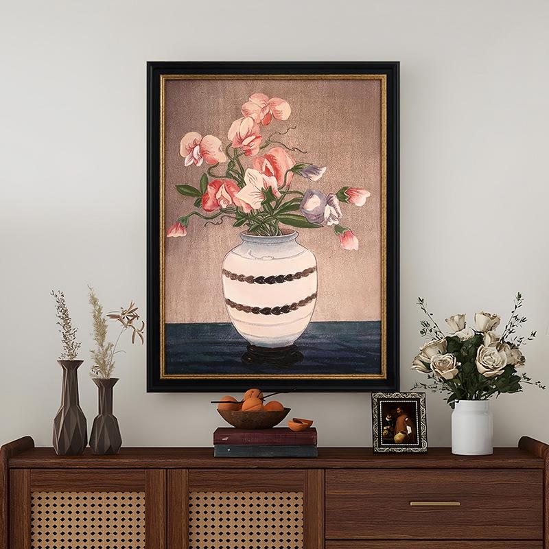 盈浩法式中古风花卉手绘装饰画复古框条餐厅玄关民宿花瓶壁画挂画