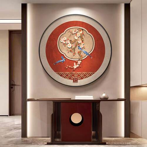 喜上眉梢玄关装饰画新中式饭厅红色喜庆挂画客厅背景墙圆形花鸟画