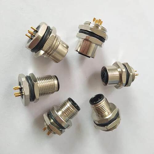 M12连接器法兰底座针孔正面旋紧浸焊4针5孔8P12芯针孔板前板后