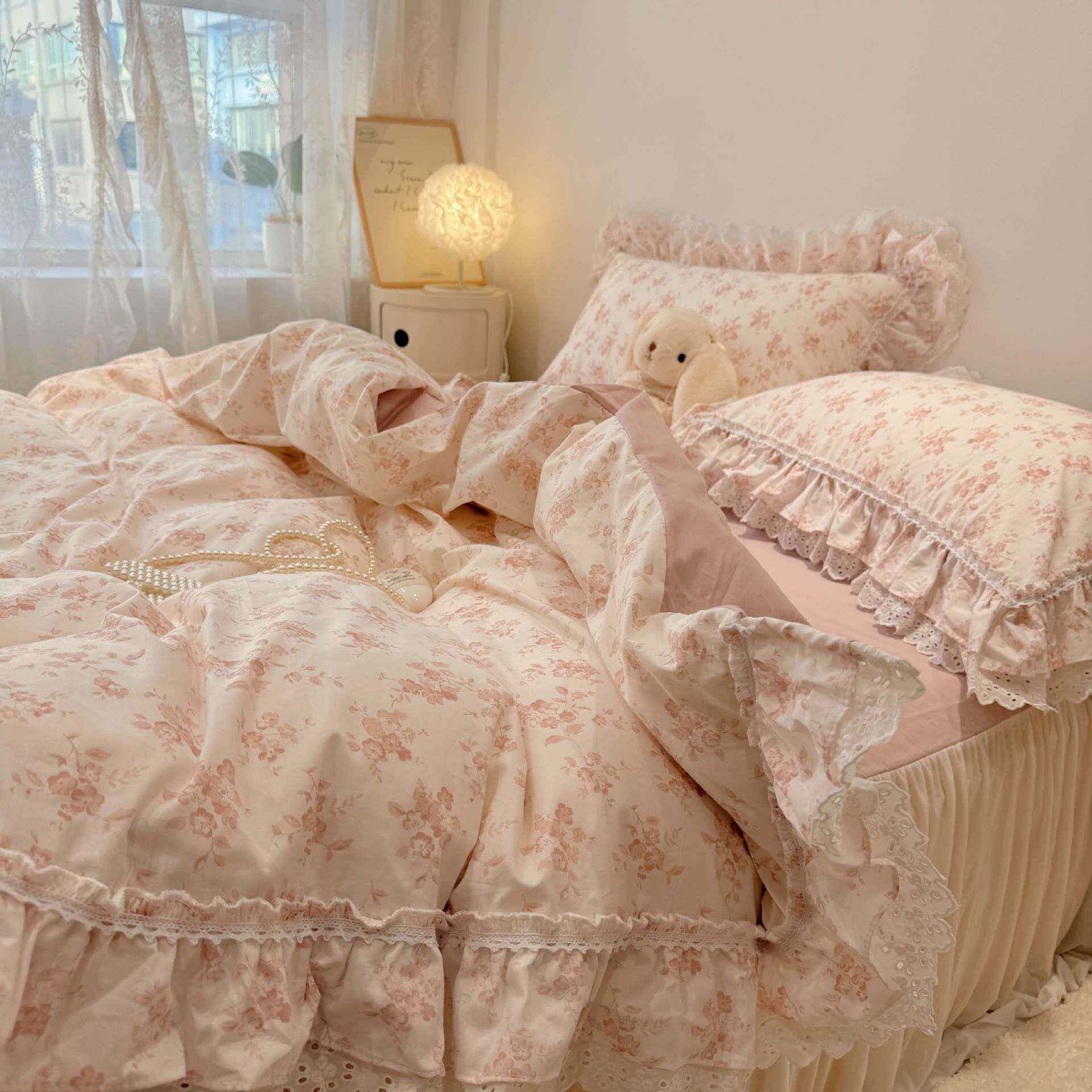 韩系荷叶花边纯棉四件套全棉清新少女心被套床品床裙床笠亲肤裸睡
