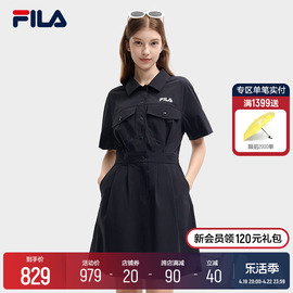 fila斐乐梭织连衣裙女2024夏季时尚，宽松翻领收腰工装裙长裙子