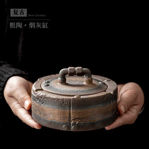 大号陶瓷烟灰缸带盖防飞灰复古创意家用客厅KTV酒吧粗陶烟盅烟缸