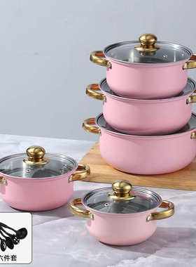 出口十六件套套锅彩色不锈钢不粘锅镀金把手stainless pots