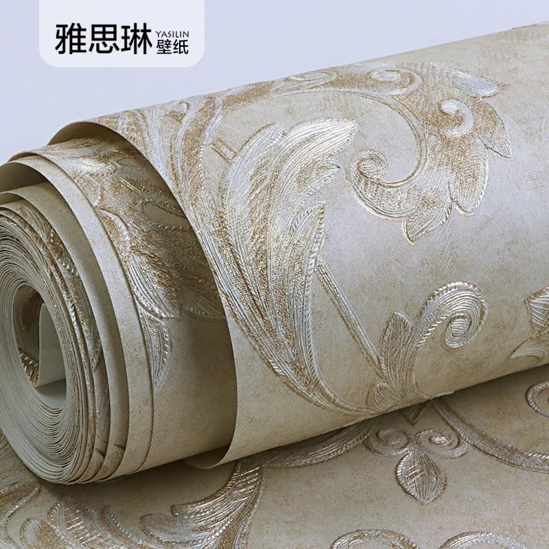 3D立体浮雕欧式花壁纸奢华无纺布金色大马士革墙纸卧室客厅背景墙