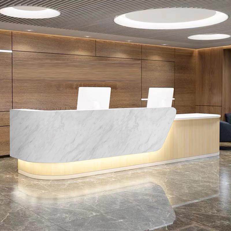 前台接待台公司前台仿大理石纹烤漆前台弧形收银台柜台迎宾台吧台
