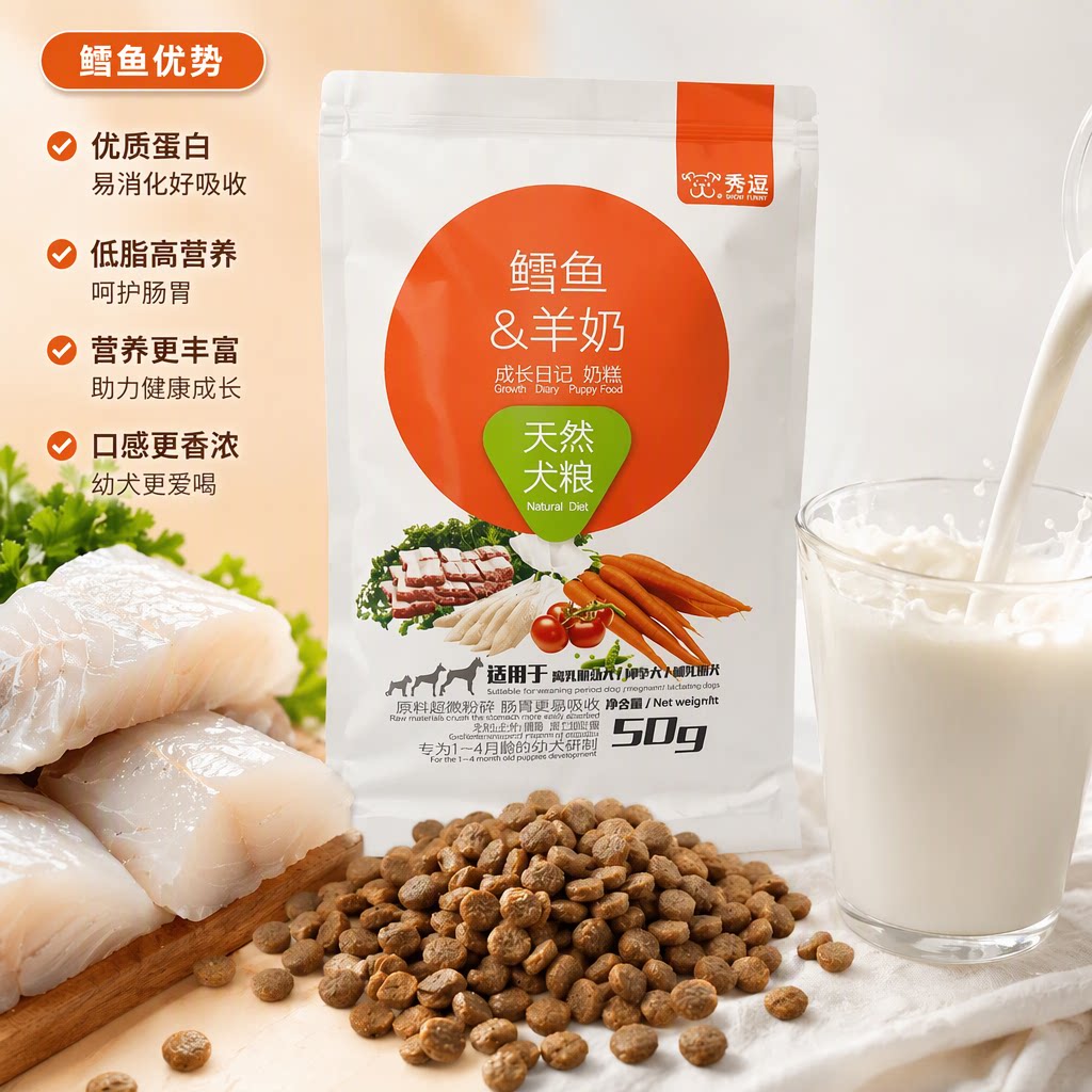 秀逗鳕鱼&羊奶天然犬粮幼犬奶糕中小型犬50g装低脂高营养呵护肠胃