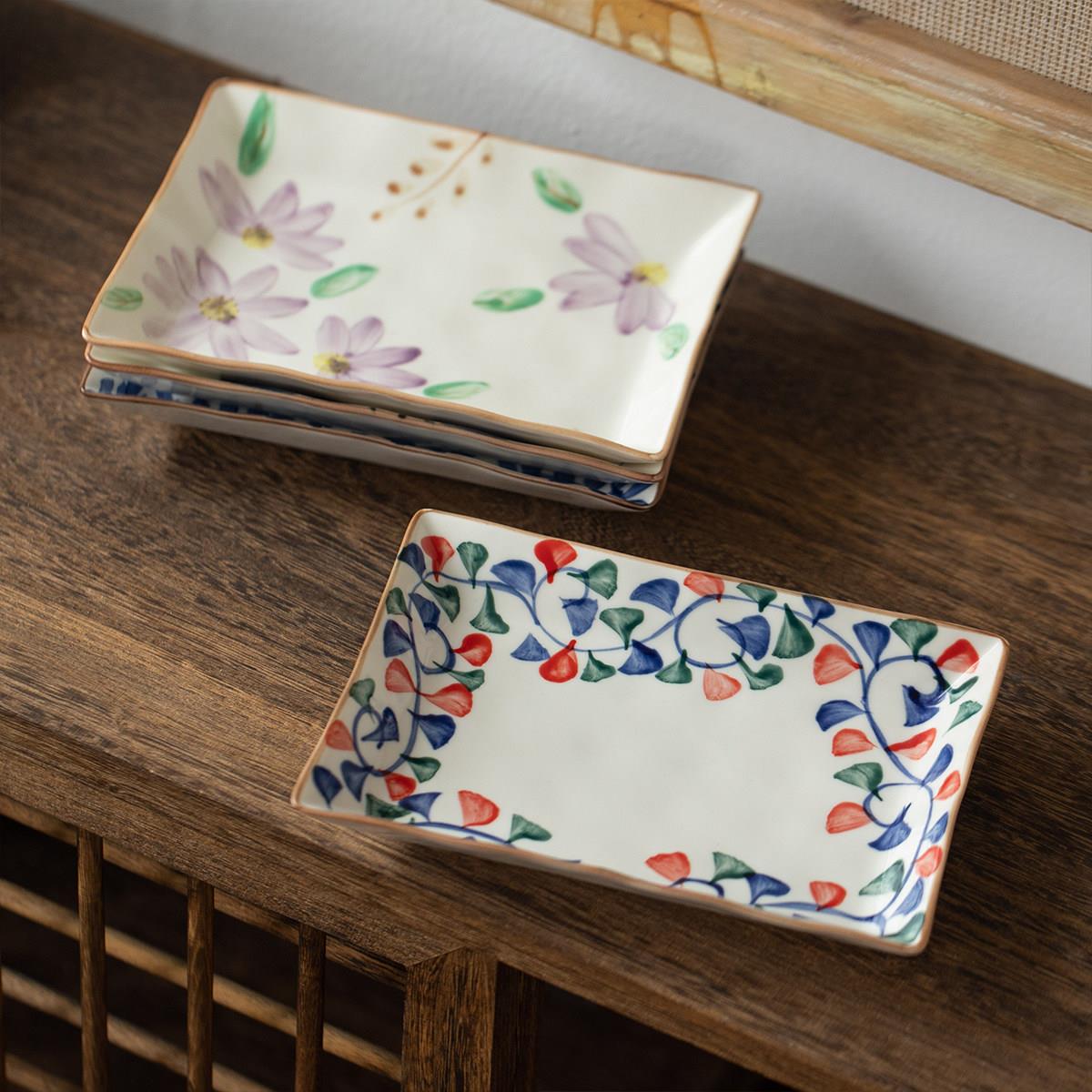 日本进口美浓烧手绘唐草陶瓷长方盘日式甜品碟点心碟茶托盘干果盘