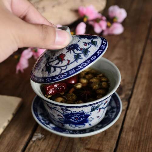 陶瓷功夫茶具白茶备盖碗茶杯泡茶碗大号青花瓷三才盖碗可制作LOGO