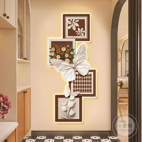 法式中古风入户玄关装饰画玫瑰蝴蝶壁灯客厅挂画复古走廊过道壁画