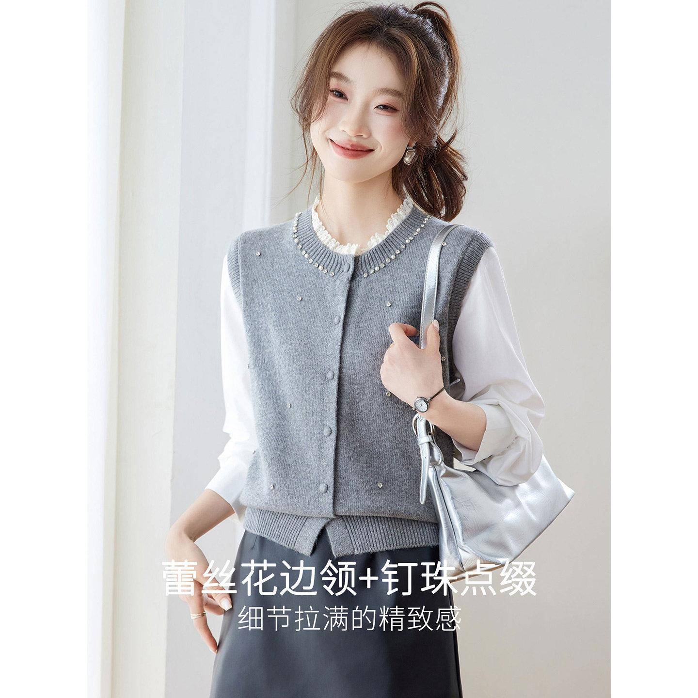 好货假两件针织拼接长袖衬衫女2026新款秋季蕾丝圆领叠穿洋气显瘦