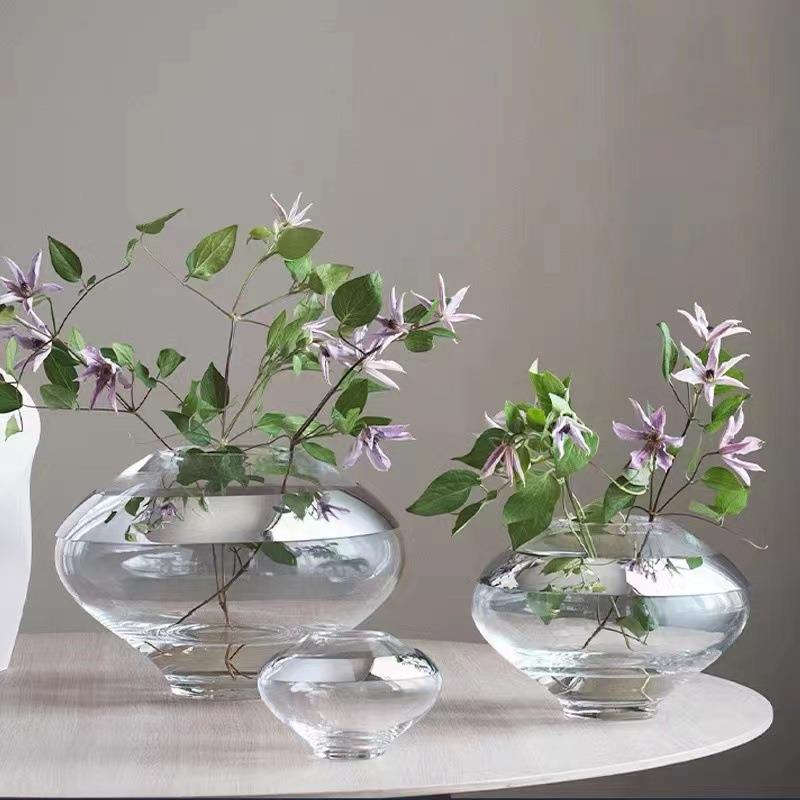 北欧简约插花透明玻璃不锈钢圈花瓶摆件客厅家用生日乔迁礼物