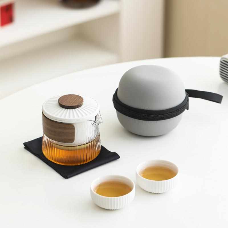 便携式玻璃旅行茶具套装快客杯一壶二杯收纳包户外泡茶壶定制logo