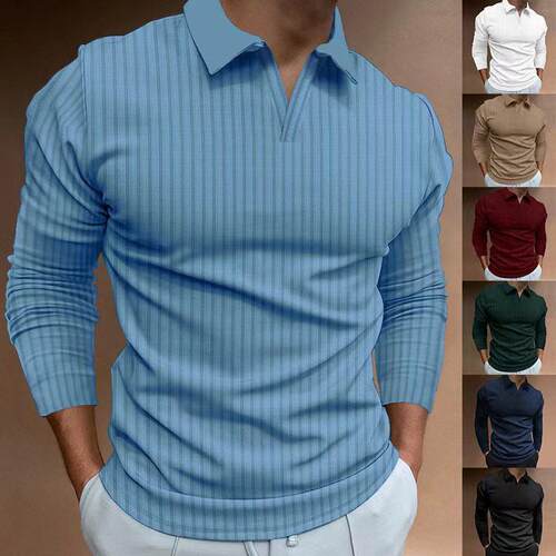 Men's Vertical Striped Collared Long Sleeve Polo Shirt