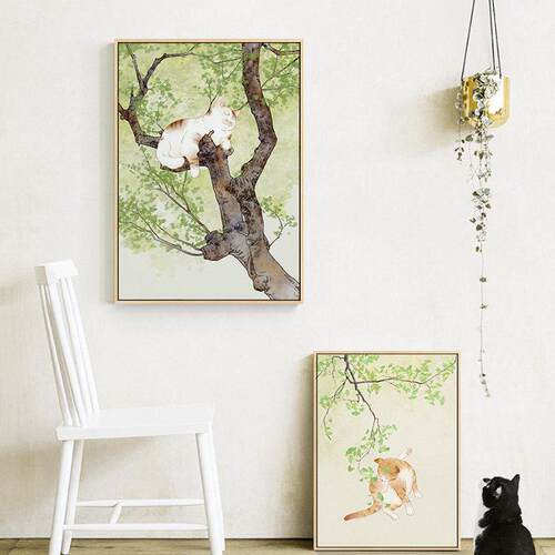 网红式日饰背画咪装卧室景中国风客厅现代墙画树家庭民宿壁画农猫