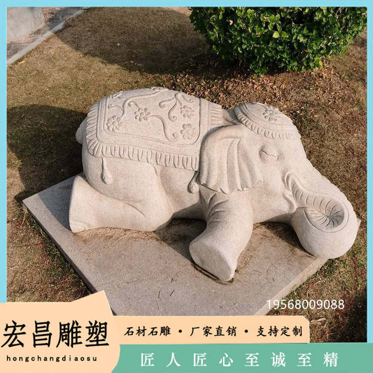 石雕泰国大象三牙白象六牙神象汉白玉花岗岩寺院晚霞红象门口雕塑