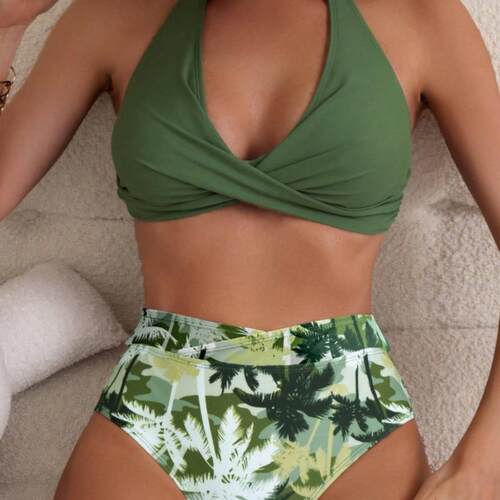 Women ' s Bikini Two - Piece Set , Pure Color V - Neck