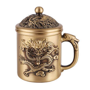浮雕龙凤黄铜福寿茶缸水杯龙凤水缸办公室客厅杯子装 饰品摆件茶杯