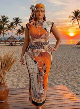 Women's Floral Print Wrap Dress Set, Elegant Slim-Fitting Lo