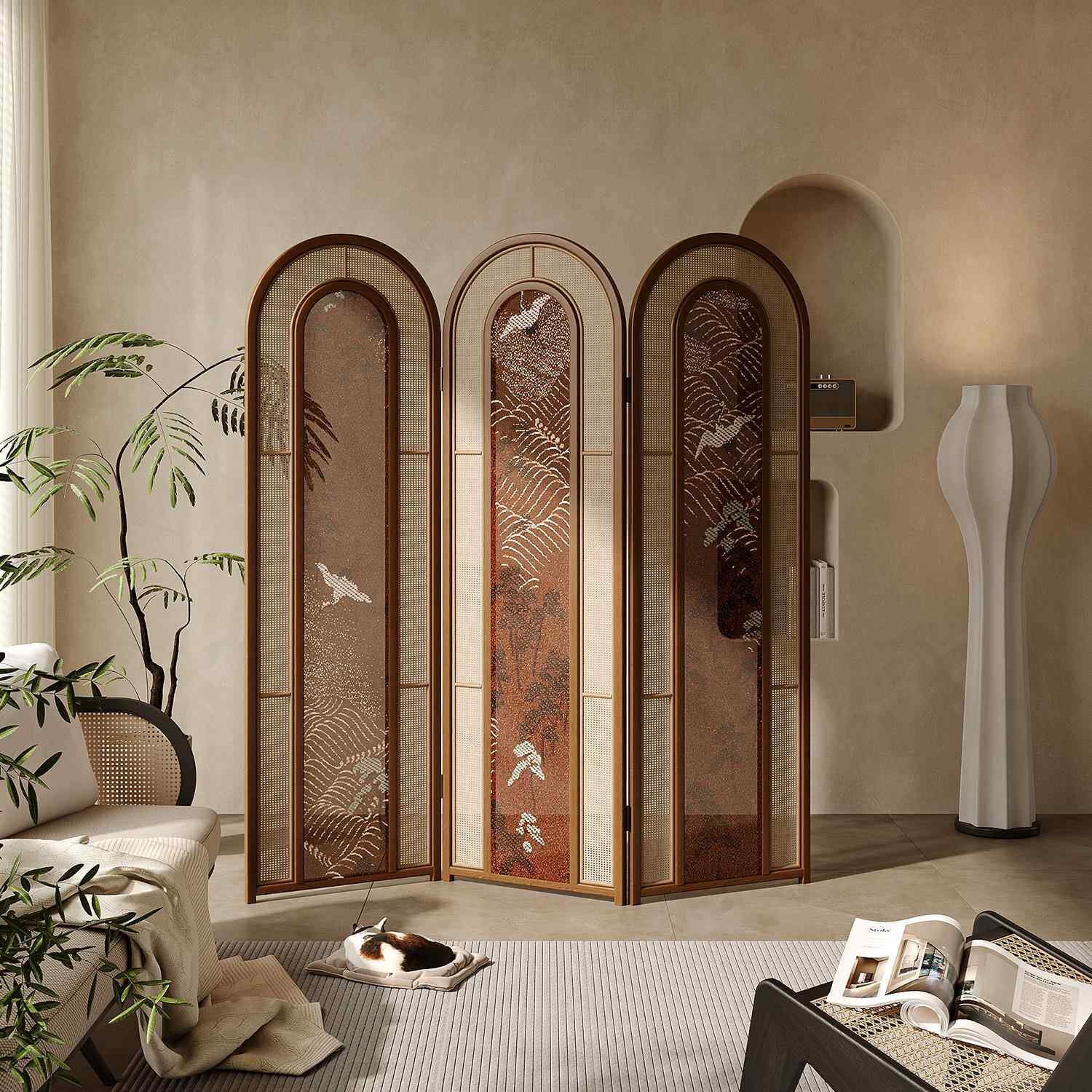 法式中古藤编屏风隔断客厅入户酒店餐厅家用装饰沙发背景移动折叠