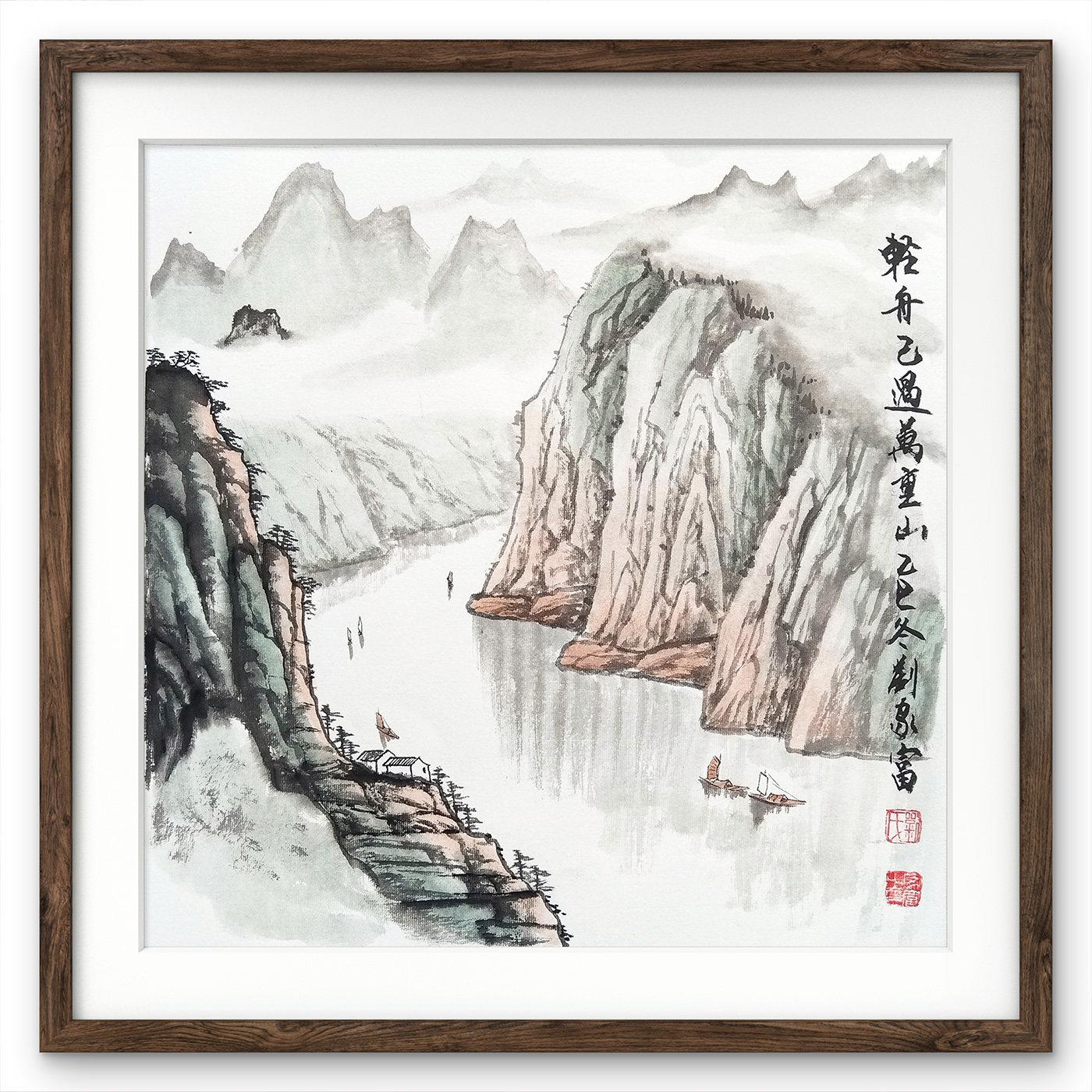 中式水墨意境山水画《轻舟已过万重山》纯手绘国画玄关客厅挂画