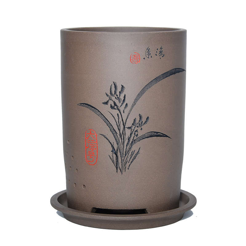 紫砂兰花盆宜兴刻绘吊兰盆景室内盆栽虎皮兰盆君子兰陶瓷花盆