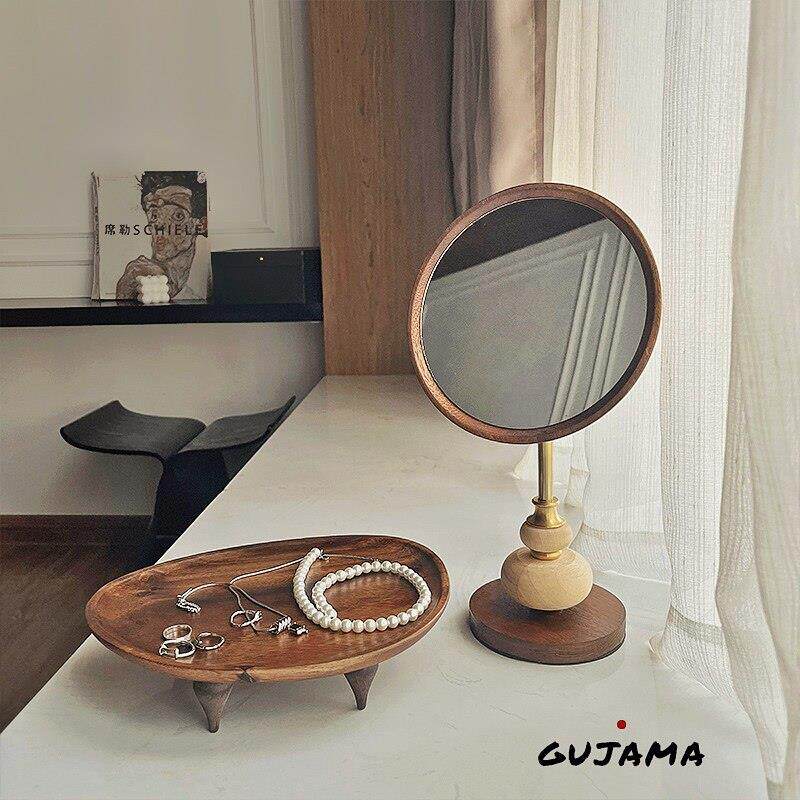 GUJAMA 中古木质桌面圆形化妆镜台式可旋转化妆台覆古美妆镜ins