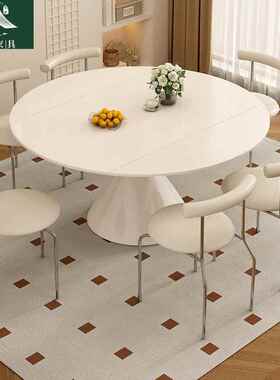 奶油风岩板餐桌椅合JIO能可旋转伸缩方圆两用功组简约小多户型餐