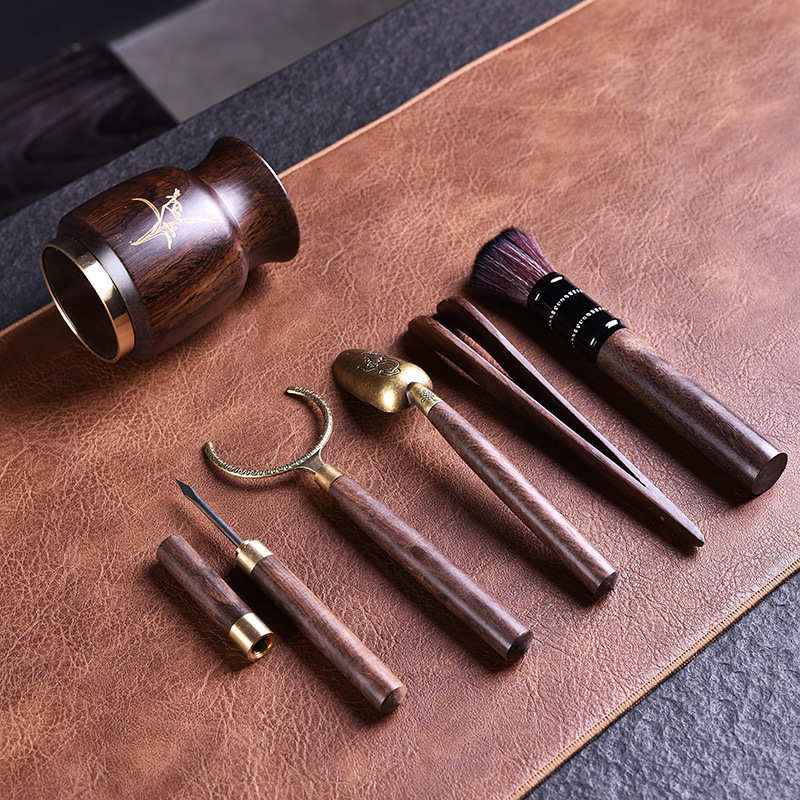 黑檀木六君子茶道套装茶筒泡茶功夫茶针茶匙茶艺茶夹组合茶盘摆件