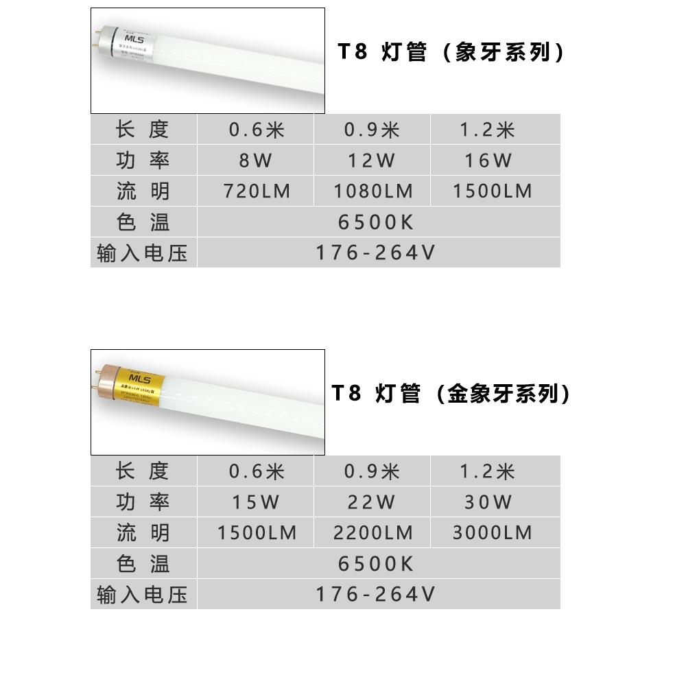 美林森T8Led灯1.2米超亮36长灯管灯座金象牙Mls荧光灯Mt8W94-6