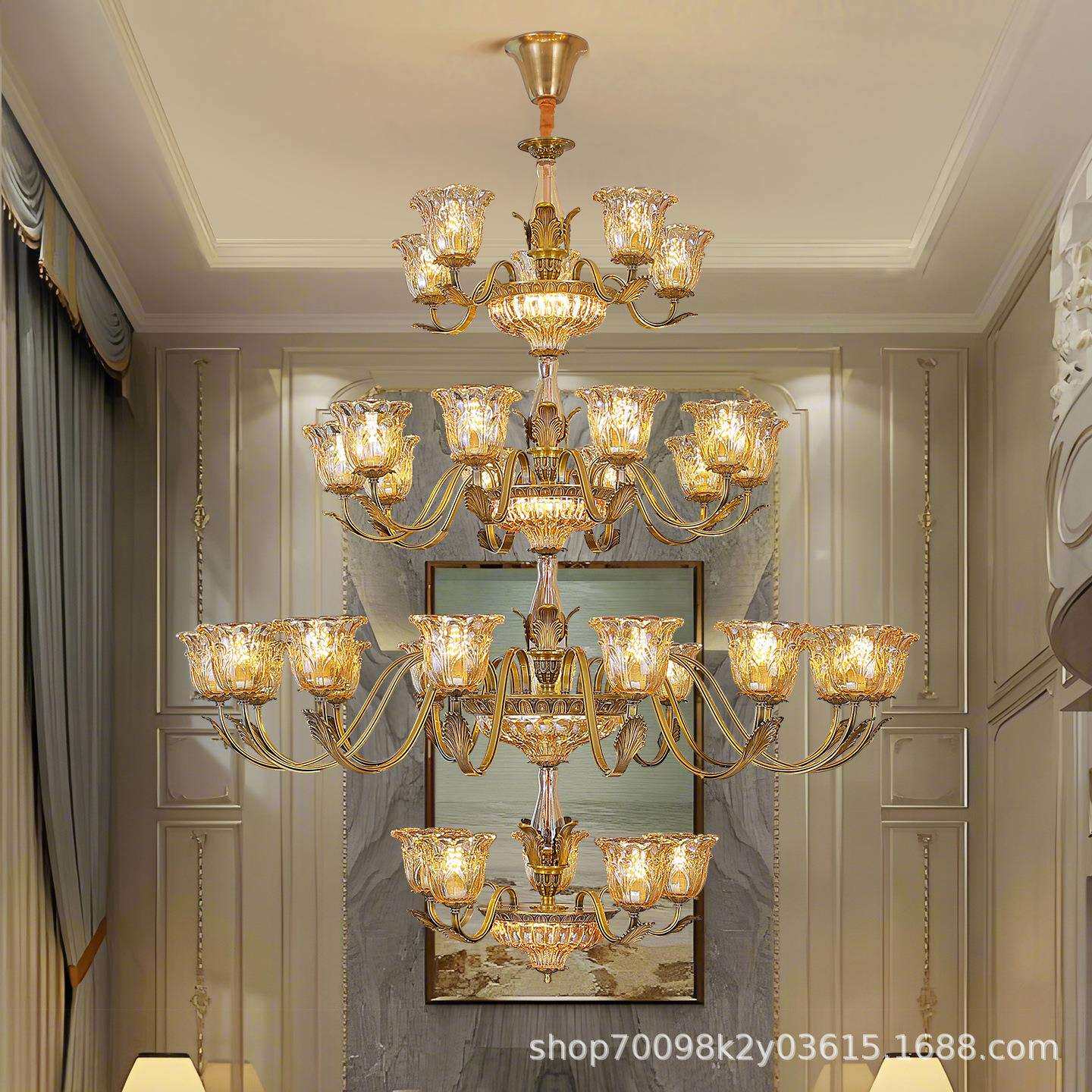 别墅复式楼全铜客厅大吊灯简约现代美式复古大气自建房挑空家用灯