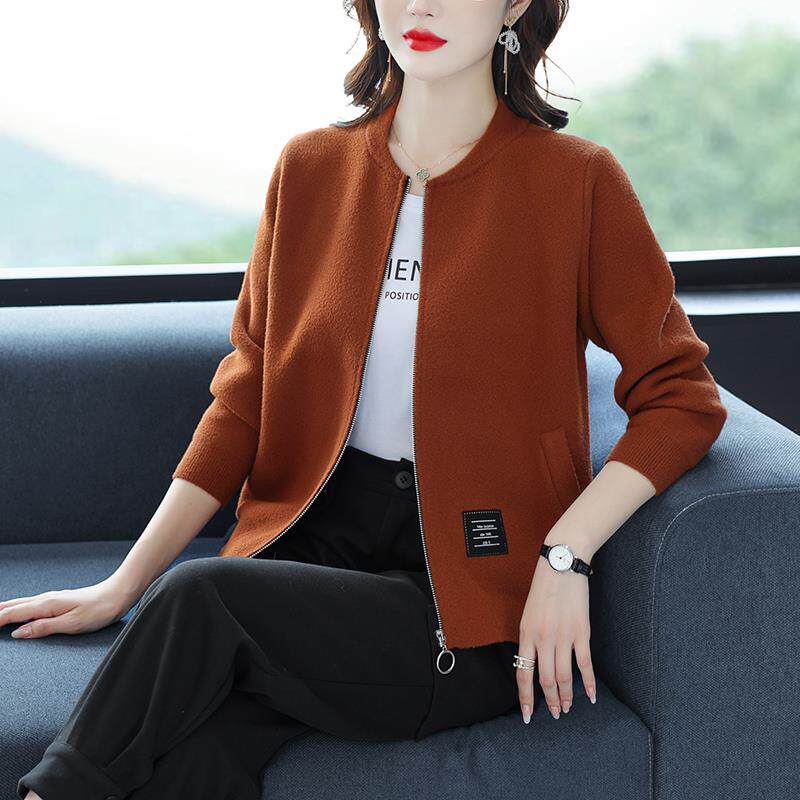 水貂绒短毛衣外套中年妈妈秋冬新款小个子洋气毛呢外衣女夹克开衫