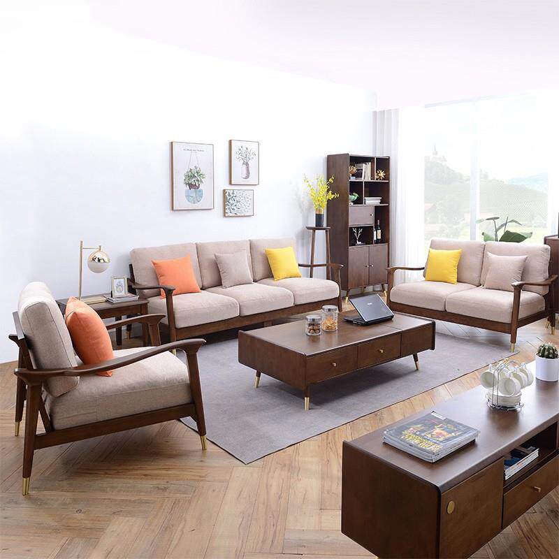北欧沙发客厅可拆洗棉麻布套单人双人三人位木沙发组合风格全实木