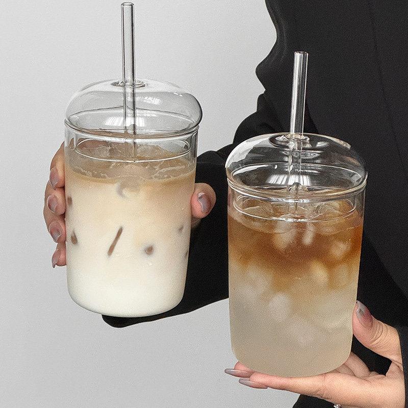 新款简约ins大容量水杯玻璃吸管杯带盖果汁饮料杯耐热高硼硅咖啡图片