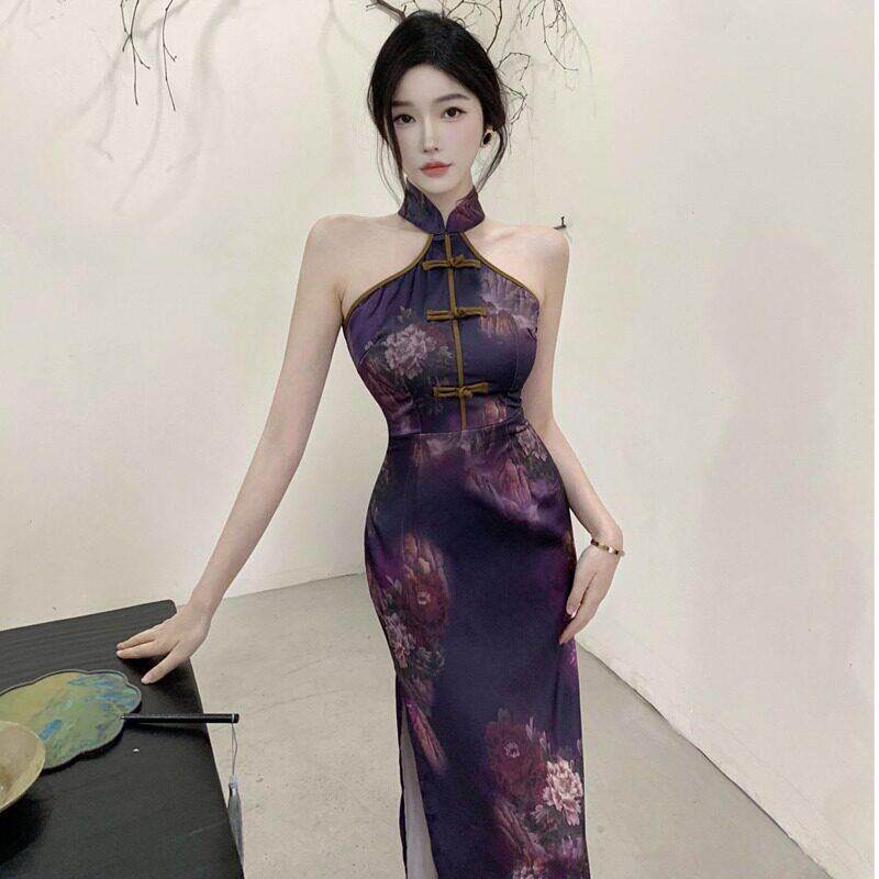 高端新中国风覆古印花旧钱风吊带旗袍连衣裙女技师制服修身开衩长