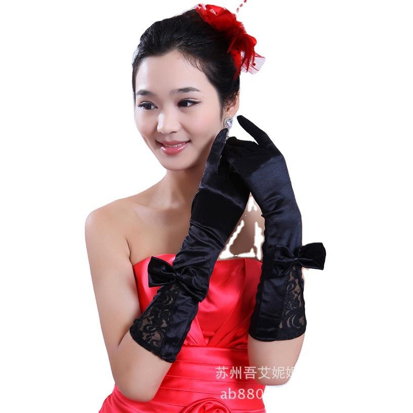 法式缎面婚纱手套复古蕾丝手工缝珠优雅新娘结婚晚宴礼服拍照配饰