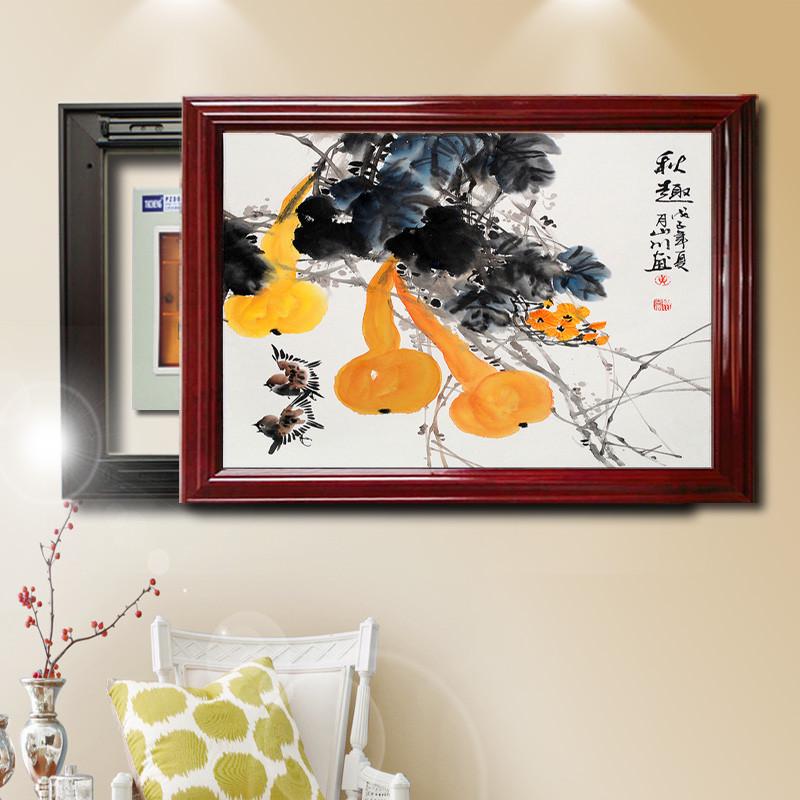 电表箱装饰画配电箱可推拉新中式实木遮挡画免打孔电闸盒客厅挂画