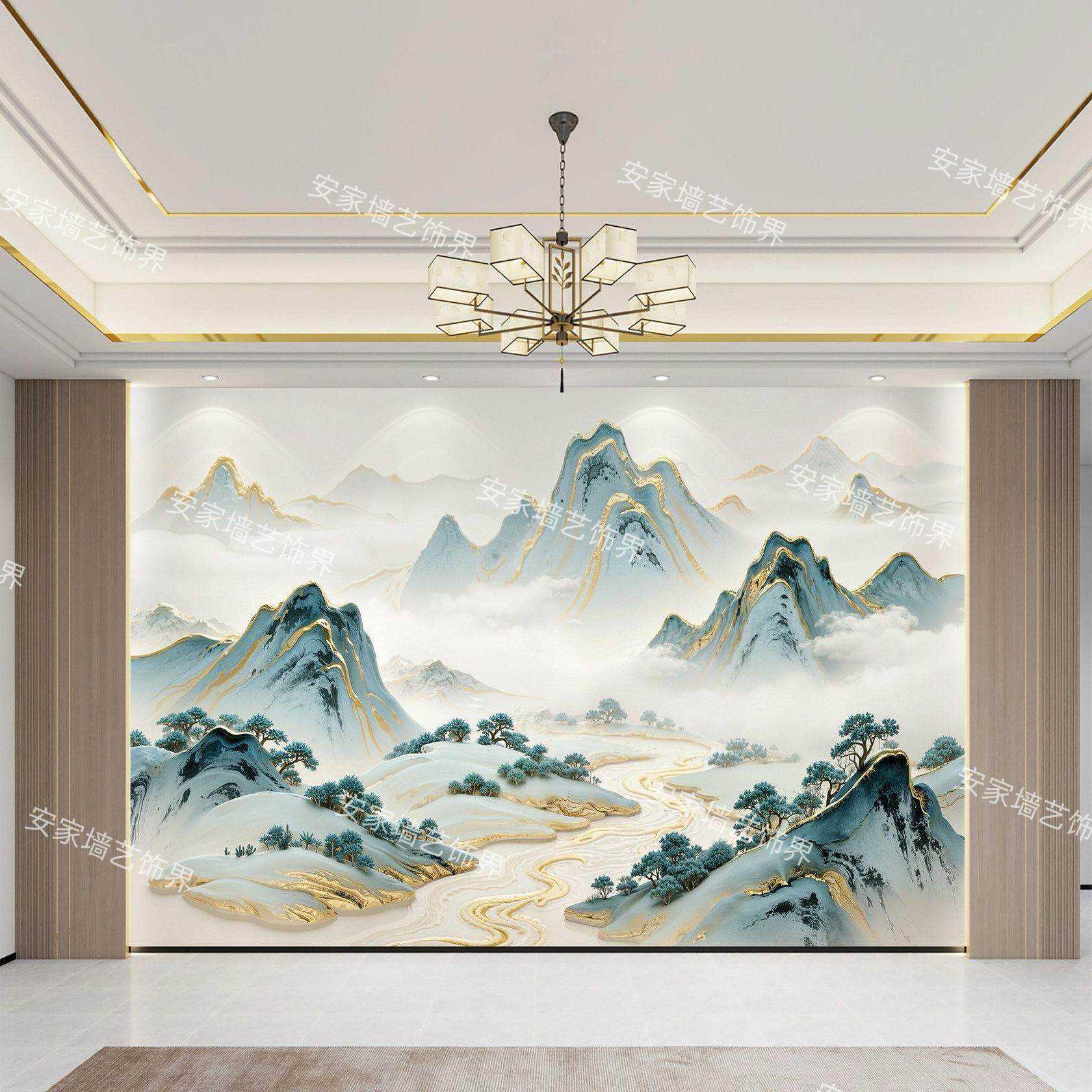 浮雕超立体墙板定制新中式山水风景风水壁纸壁画客厅电视壁纸