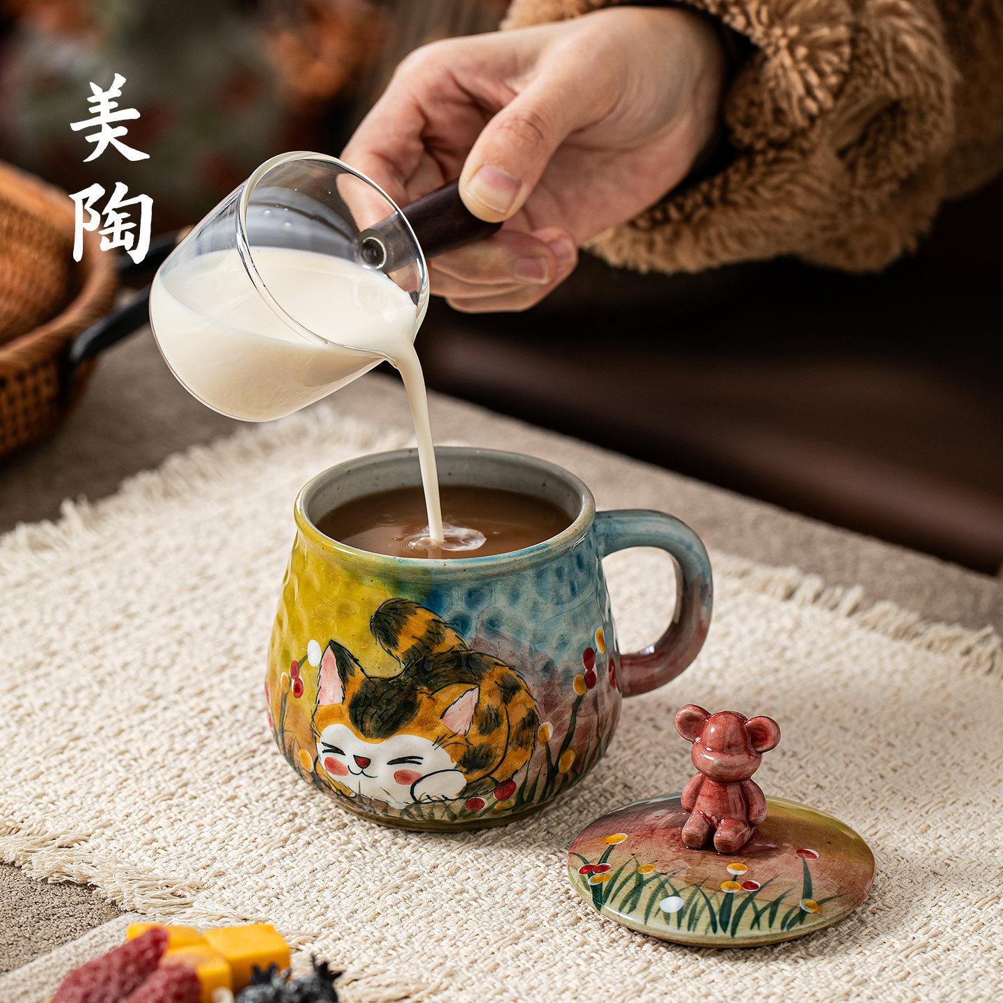 景德镇手作陶瓷杯手绘猫咪马克杯下午茶咖啡杯釉下彩创意情侣水杯