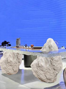 模拟石茶桌腿支架冰山办公室角桌Wabi-Sabi风格假石咖啡桌桌角石