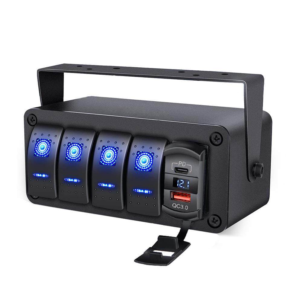 外贸热销开关盒子4位开关+开关式双USB(QC3.0+PD-C口)+电压表