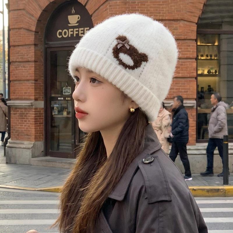 女帽子洋气时髦四季款甜美蝴蝶结包头帽可爱小熊毛线帽时尚百搭针