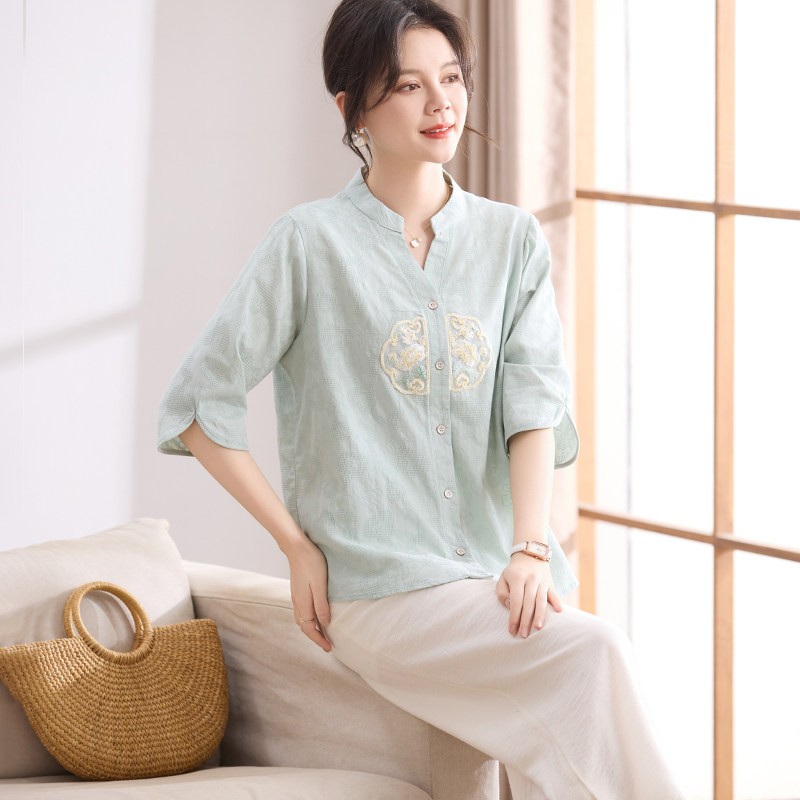 喜卉妈妈夏装短袖上衣服洋派T恤2025新款中老年女装国风绣花小衫