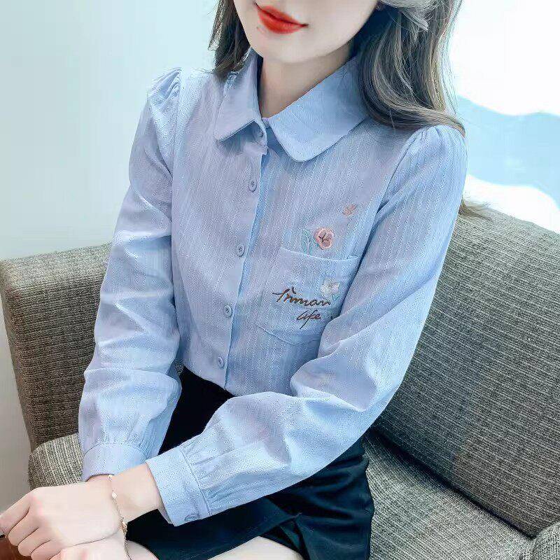 香港TIMO春秋季女装长袖时尚刺绣纯棉衬衫女洋气全棉减龄百搭上衣