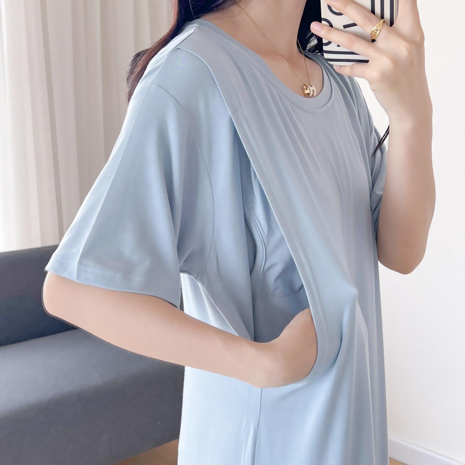 带胸垫哺乳睡裙夏季莫代尔薄款孕妇睡衣喂奶月子裙夏装待产连衣裙