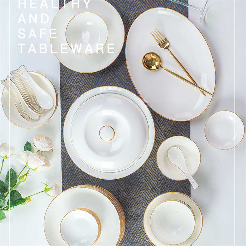 不挂油碗碟盘套装景德镇家用日式轻奢餐具碗盘陶瓷碗筷盘子吃饭碗