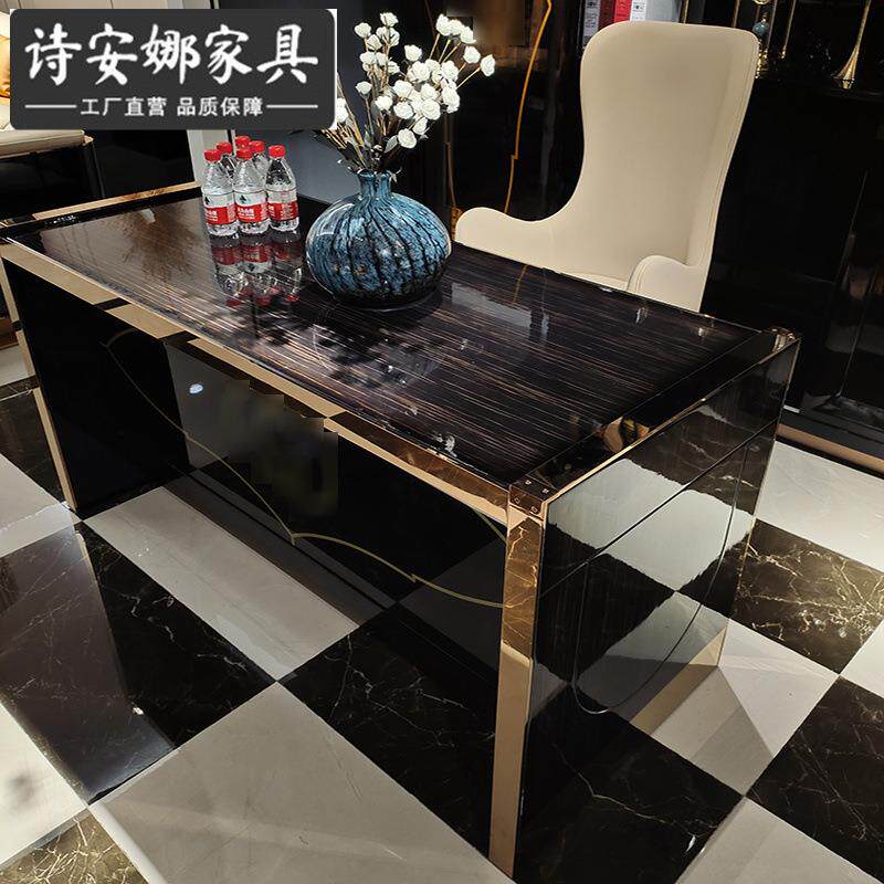 后现代皮艺书桌椅组合书房简约写字台实木雕花电脑桌意式轻奢家具