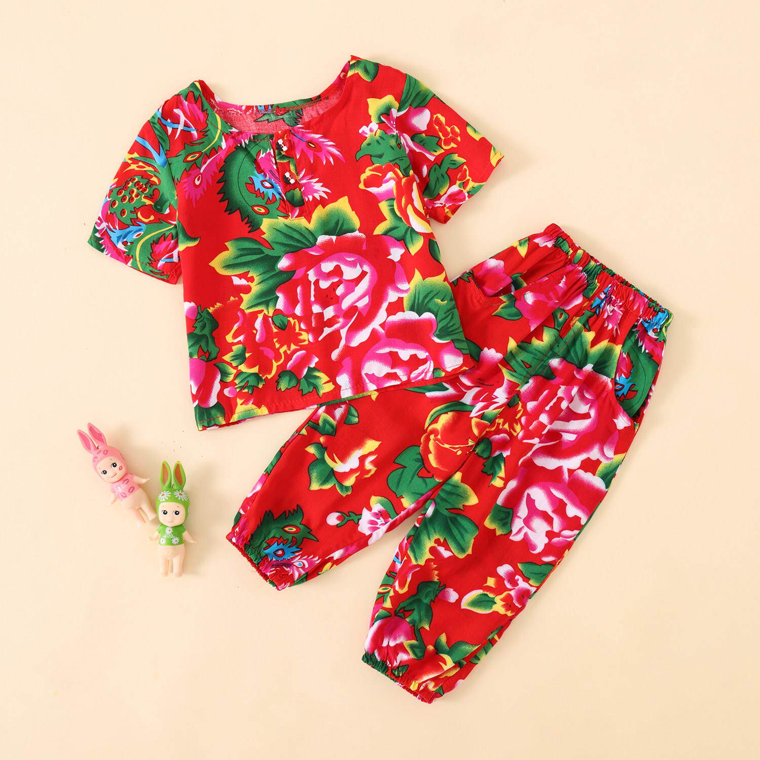 宝宝棉绸睡衣长袖中小童家居服夏人造棉空调服防蚊服东北花布套装