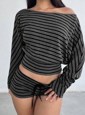 Casual Striped Patchwork Set, Womenswear, Asymmetrical Neck