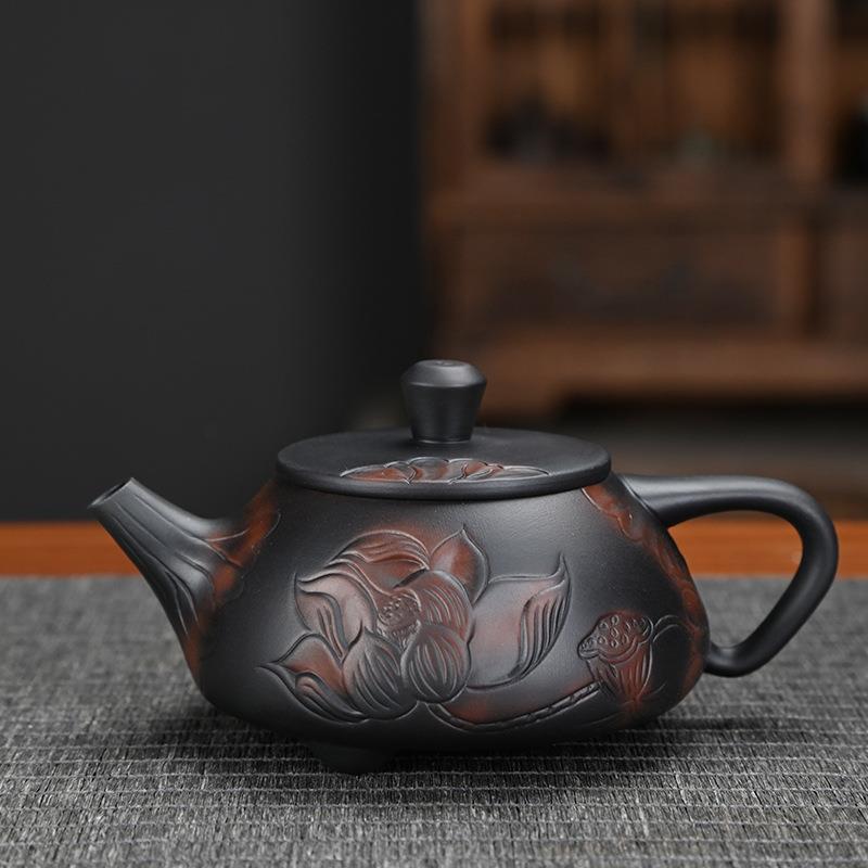 荷韵复古紫陶壶单壶泡茶壶纯手工功夫家用办公茶具浮雕紫砂高档壶