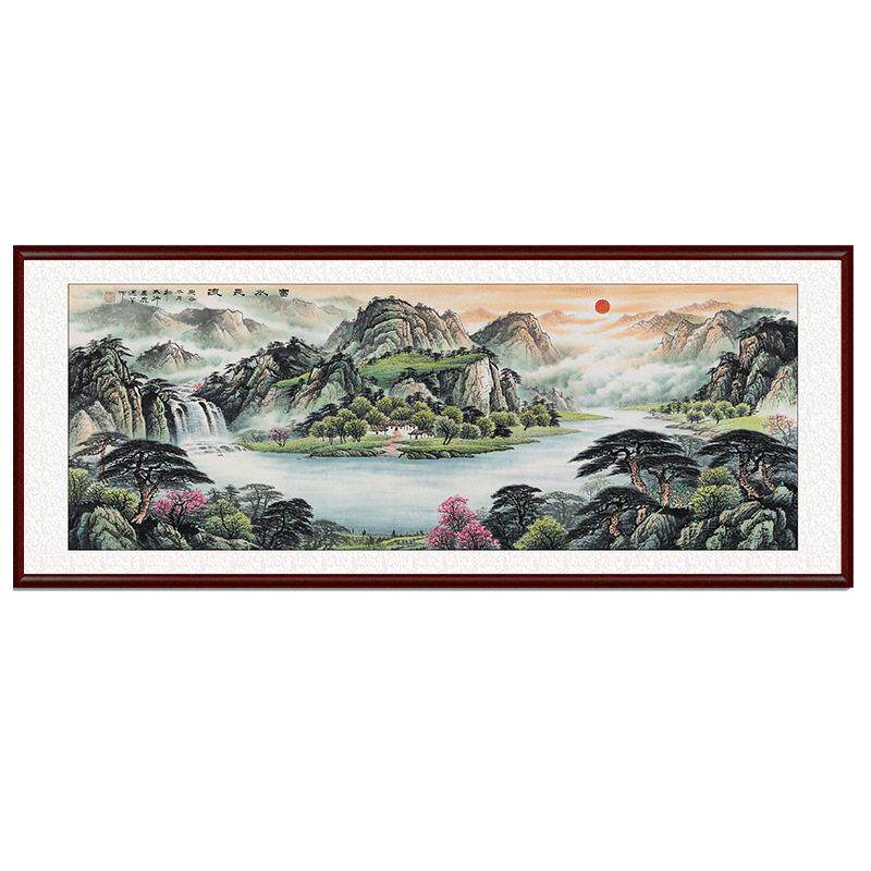 新中式装饰画老板公室会议室大气山水国画定制旭日东升客厅壁画